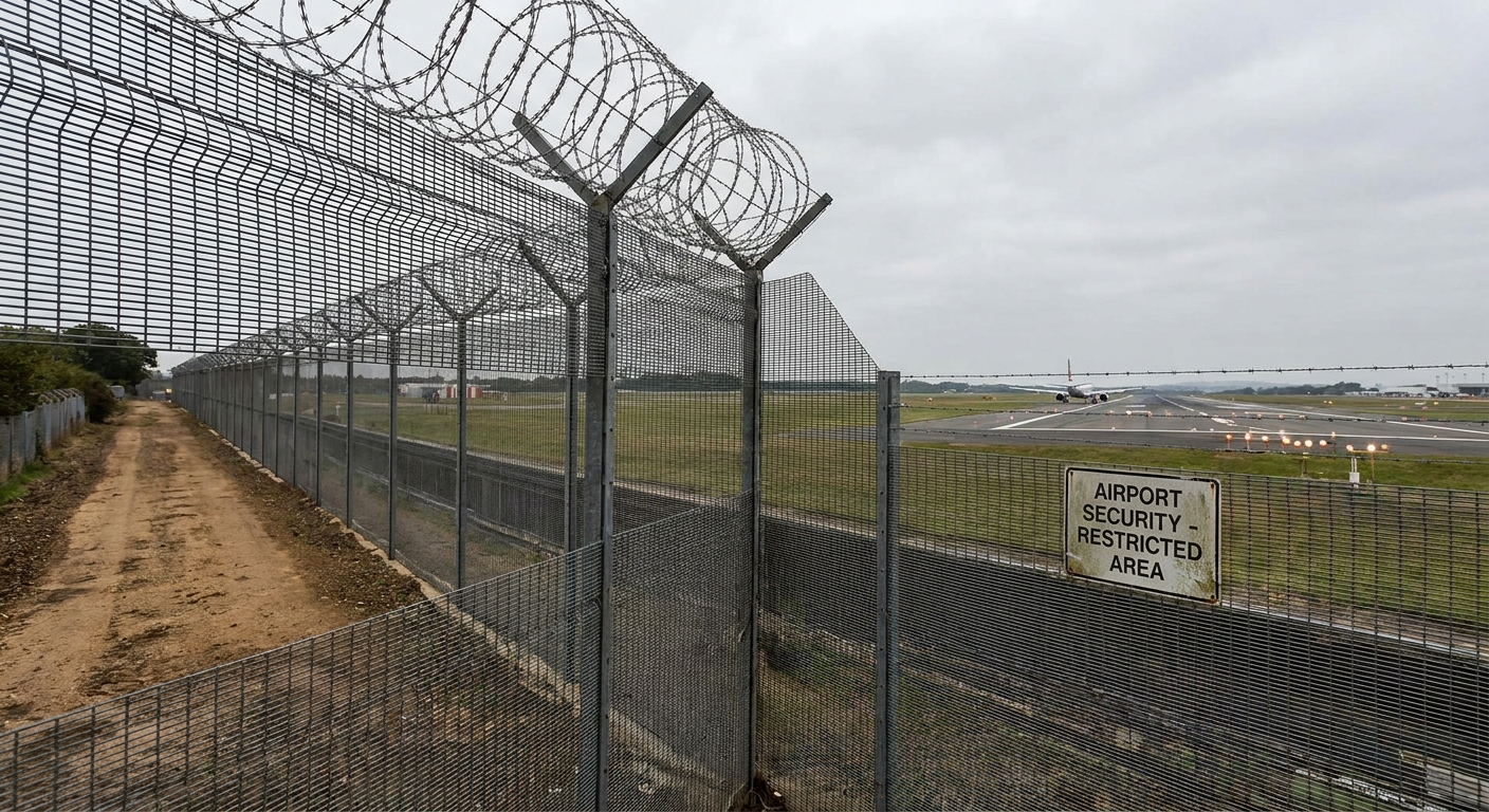 Airport perimeter security fence with barbed wire top