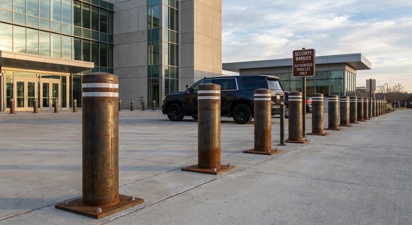 Crash rated bollards protecting a building entrance