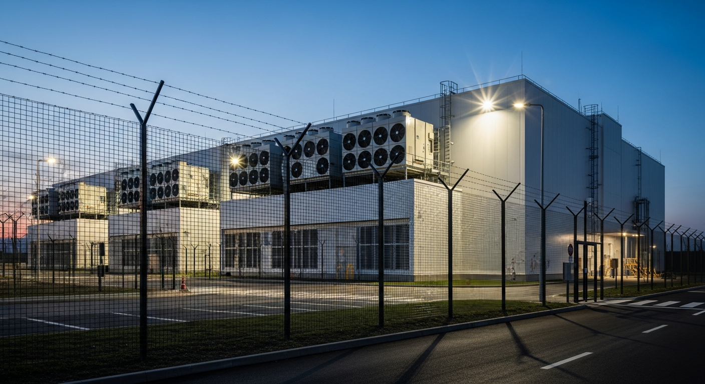 Anti-climb security perimeter fencing around a data center facility
