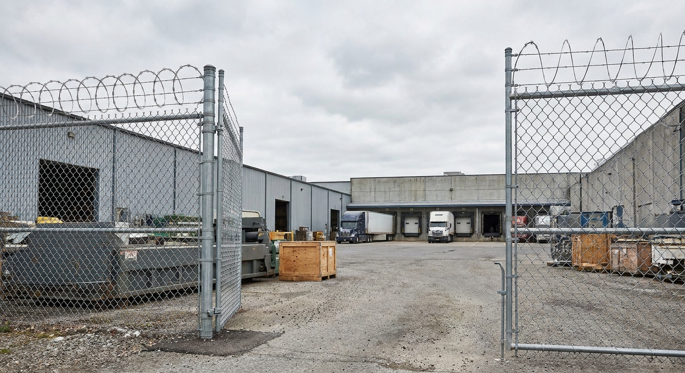 Industrial perimeter fencing around a warehouse facility