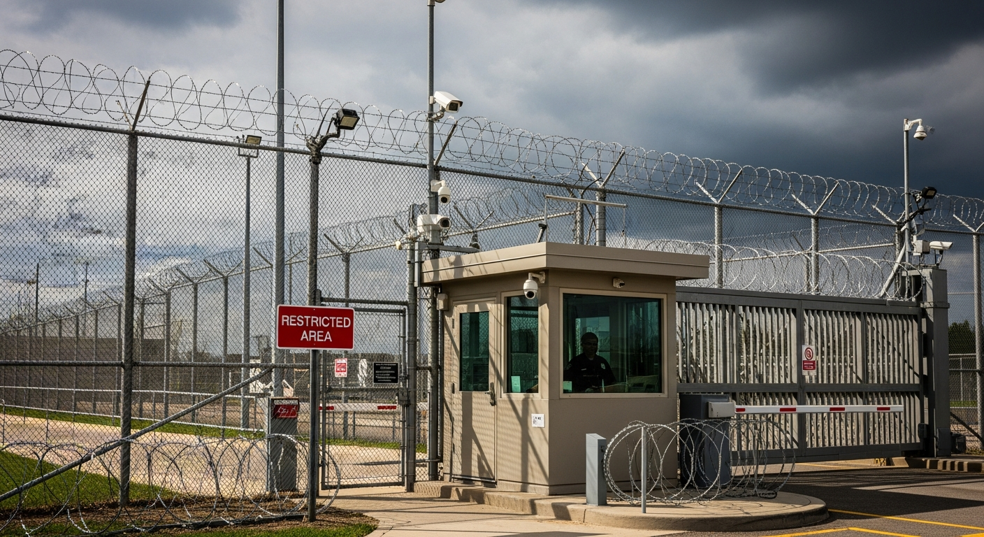 High security fencing around military base perimeter with crash rated barriers