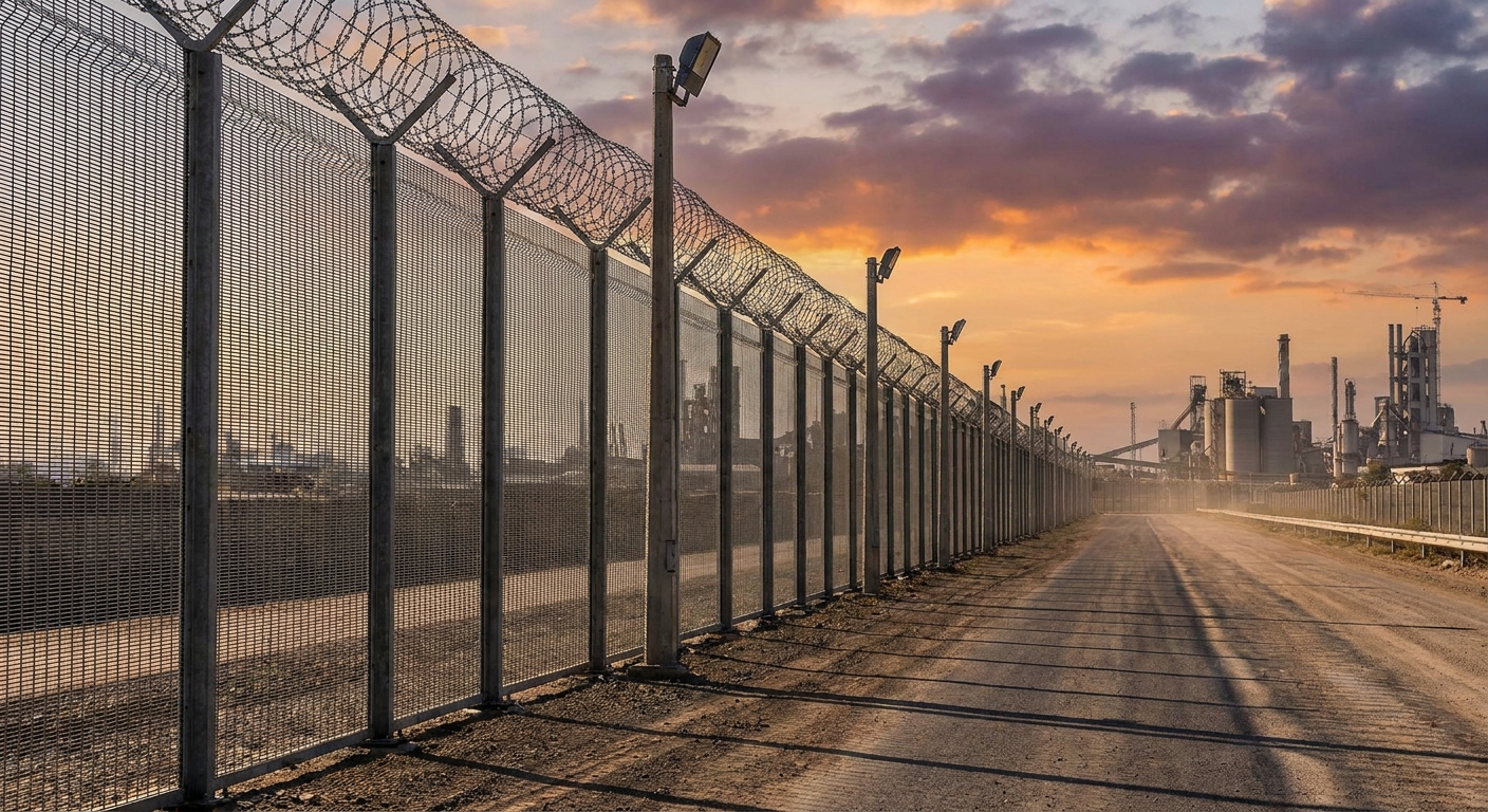 Long perimeter fence line securing a commercial property