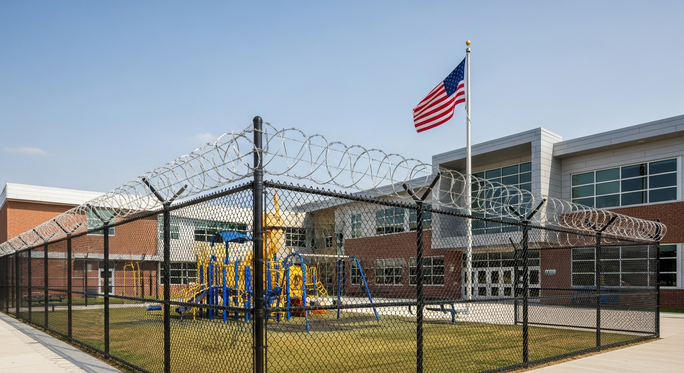 School security fence around K-12 campus perimeter