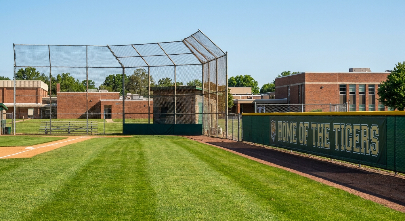 Chain link backstop and outfield fence at a sports complex